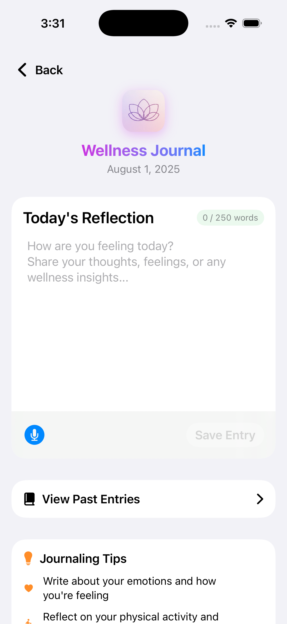 Petals AI App - Journal Interface